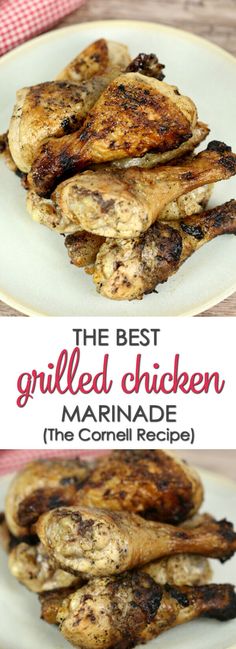 the best grilled chicken marinade recipe on a white plate with text overlay