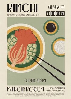 a poster with chopsticks and sushi on the front, which reads kimchi korean ferment cabbage