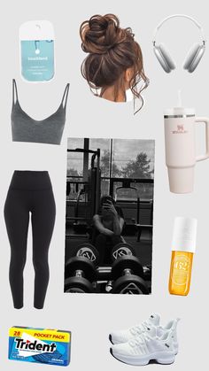 the contents of a woman's gym outfit including headphones, water bottle and coffee