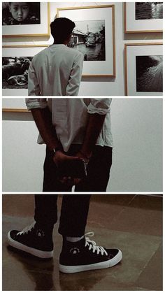 three different shots of a man standing in front of pictures