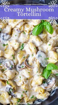 creamy mushroom tortellini in a pan with basil leaves on top and text overlay