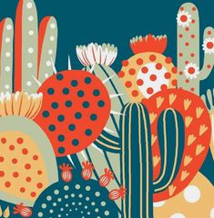 an illustration of cactuses and flowers on a dark blue background with polka dot dots