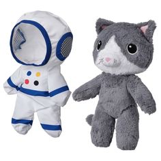 two stuffed animals are shown side by side, one is gray and the other is white