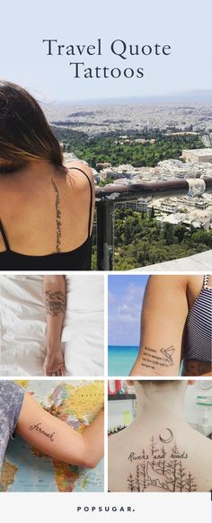 the back of a woman's neck with tattoos on it and words written in different languages