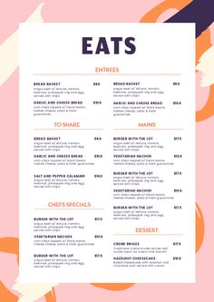 an orange and white menu with the words eats on it in bold font, against a pink background