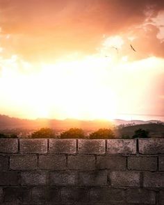 a person on a skateboard jumping over a brick wall with the sun setting in the background