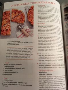 an open cookbook with pictures of pizzas and instructions for making new york style pizza