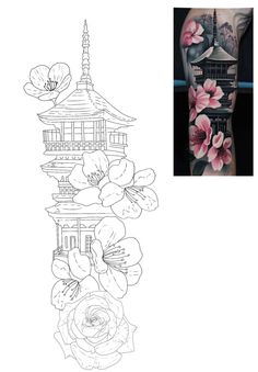 a tattoo design with flowers on it and an image of a pagoda in the background