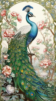 a painting of a peacock with flowers in the background