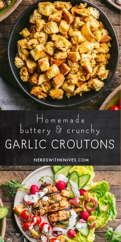 the ingredients for homemade buttery and crunchy garlic croutons are shown in this collage