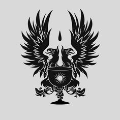 a black and white image of an eagle with wings on it's head, holding a bowl