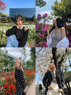 four different pictures of women in dresses and flowers