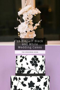 black and white wedding cakes with flowers on the top are featured in this postcard