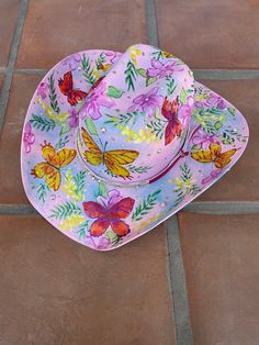 Pink hand painted vinyl cowboy hat with butterflies and rhinestones. Flexible hat band fits most sizes. One of a kind. Painted Vinyl, Painted Hats, Band Fits, Cowgirl Hat, Hat Ideas, Cowgirl Hats, Cute Hats, Shoes With Jeans, Hat Band