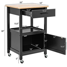 an image of a kitchen cart with drawers on wheels and measurements for the widths