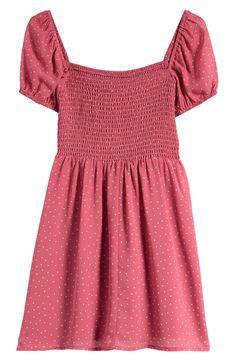 Puff sleeves frame this adorable kid-size dress featuring a smocked bodice for a perfect fit. Slips on over head Partially lined 100% polyester Machine wash, tumble dry Imported Kids Smock, Big Girl Dresses, Pink Mauve, Puff Sleeve Dress, Puffed Sleeves Dress, Nordstrom Dresses, Puff Sleeves, Big Kids, Sleeve Dress