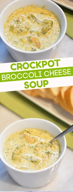 two bowls of crockpot broccoli cheese soup with bread in the background