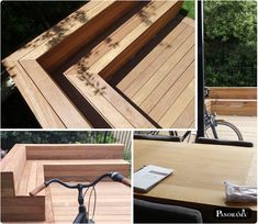 four different views of a wooden bench and bike