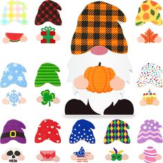 an assortment of colorful hats and caps for children to wear on the fall holidays, including pumpkins