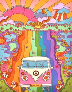 an image of a vw bus in front of a rainbow sky with clouds and sunflowers