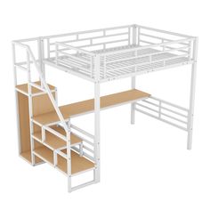 a white loft bed with stairs next to it and a wooden shelf underneath the bed