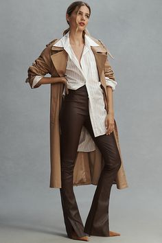 Leather Front zip Professional leather clean Imported | Dawn Split-Hem Stretch Leather Pants by Lamarque in Brown, Women's, Size: 8 at Anthropologie Leather Brown Pants Outfit, Style Brown Leather Pants, Brown Leather Outfit, How To Style Brown Pants, Earth Tones Outfit, Brown Leather Pants Outfit, Brown Pants Outfit, Brown Leather Pants, True Autumn