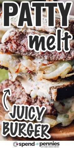 the patty melt sandwich is stacked on top of each other