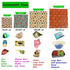 several different types of fruit bags and their sizes