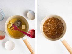 two pictures showing the process of making an egg mixture