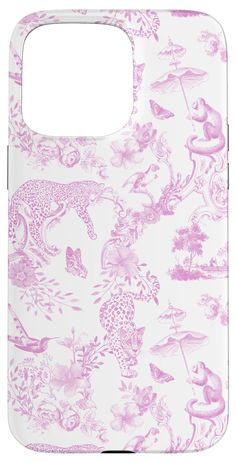 a pink and white phone case with animals on it