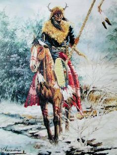 a painting of a native american man riding a horse in the snow holding a spear