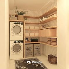 a washer and dryer sitting in a room next to each other on shelves