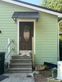 a dog is sitting on the front steps of a house