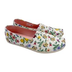 Toms Womens Alpargata Autumn Floral Slip On Flats Casual - White White With Multicolor Floral Print Ortholite Comfort Foam Insoles Size 9 Brand New With Tags In Original Box White Canvas Shoes With Branded Insole, Spring Canvas Shoes With Rubber Sole And Flat Bottom, White Flat Canvas Shoes For Spring, White Spring Sneakers, Spring Fabric Sneakers With Round Toe, Spring Flat Bottom Comfortable Canvas Shoes, Spring Closed Toe Canvas Shoes, Fabric Sneakers With Round Toe For Spring, White Canvas Shoes With Round Toe For Summer