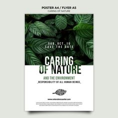 a poster with the words caring of nature and an image of green leaves on it