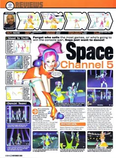 an advertisement for the nintendo game space channel, featuring cartoon characters in various poses and colors