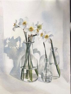 an artist's watercolor painting of flowers in vases