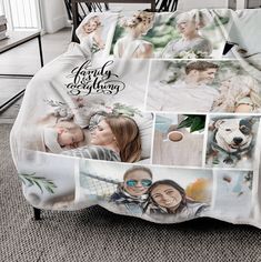 a blanket with pictures of people and animals on it in the middle of a room