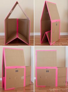 four different views of the inside of a cardboard doll house with pink tape on it