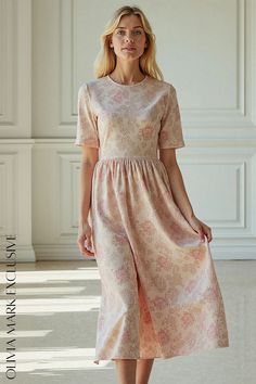 Olivia Mark - Elegant Blooms Midi Dress - Pastel Floral Elegance Pink Midi Dress With Fitted Waist, Pink Dress With Fitted Waist And Short Sleeves, Elegant Peach Floral Print Midi Dress, Elegant Peach Midi Dress With Floral Print, Pink A-line Maxi Dress For Daywear, Feminine Pink Fit And Flare Dress, Pink Fitted Midi Dress For Daywear, Pink Non-stretch Dress With Short Sleeves, Fitted Pink Midi Dress For Daywear