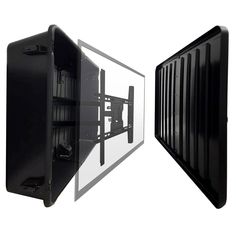 an image of a black tv wall mount with the door open to show it's flat screen