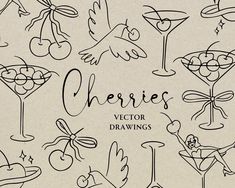 a bunch of different types of wine glasses with the words cherries written on them