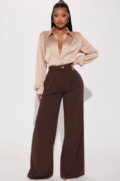 Available In Chocolate And Rust. Trouser Pant High Rise Button Detail Elastic Waist Back Front Pleats Wide Leg Stretch 95% Polyester 5% Spandex Imported | What Matters Most Wide Leg Trouser in Chocolate Brown size 2X by Fashion Nova 