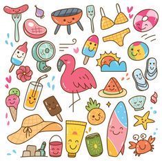 an assortment of cartoon items including ice cream, watermelon, sundaes and flamingos