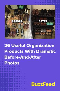 two pictures with the words, 26 useful organization products with dramatic before and after photos