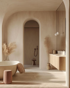 Luxury bathroom in neutral tones, arch, bathtub, dream bathroom Earth Color Bathroom, Sand Bathroom Ideas, Sand Stone Bathroom, Quiet Luxury Bathroom, Bathroom Neutral, Stone Coloured Bathroom, Nude Bathroom, Earthy Bathroom Aesthetic, Sandstone Bathroom