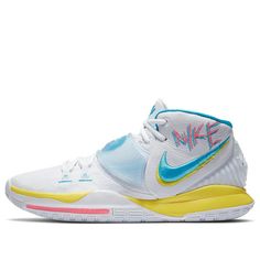 The Nike Kyrie 6 EP 'Neon Graffiti' is a stylish sneaker with a white base and bright blue, yellow and pink accents. The upper features a South Coast color palette and an embroidered Nike logo, with a two-tone Swoosh logo on the side. Inside, a large Windrunner logo is featured, with a hidden Nike oval logo underneath. This unique design is perfect for any activity, from sports to casual wear. The inspiration behind this design comes from Kyrie Irving's love of graffiti art, making this a must-have for any fan of the series. (SNKR/Unisex/South Coast) Neon Yellow Low-top Sneakers With Boost Midsole, Neon Yellow Sneakers With Boost Midsole For Streetwear, Neon Yellow Boost Sneakers For Streetwear, Sporty Neon Low-top Sneakers, Neon Yellow Lace-up Sneakers With Boost Midsole, Nike Casual Basketball Shoes With Translucent Outsole, Casual Neon Lace-up Sneakers, Sporty Neon Yellow High-top Sneakers, Neon Low-top Sneakers For Sports