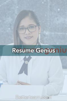 a woman sitting at a desk in front of a wall with the words resume genius written on it