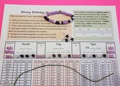 a bracelet with beads on it sitting next to a calendar and some other items in front of it