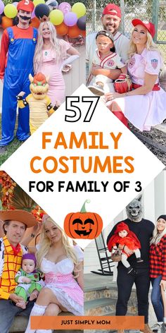 family costumes for halloween with text overlay that reads 527 family costumes for family of 3 just simply mom